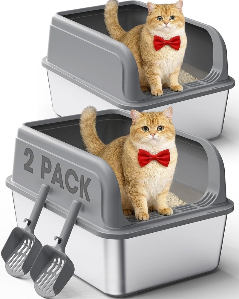 Powools صندوق فضلات قطط من الفولاذ المقاوم للصدأ 2-pack مع مجارف، غير لاصق وسهل التنظيف، صندوق فضلات معدني مع حواجز مانعة للتسرب، رمادي - Image 1